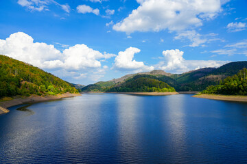 Nature at the Odertalsperre in the Harz Mountains, near Bad Lauterberg. View of the Oder reservoir with the surrounding landscape.
