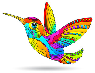 A stained glass-style illustration with a bright hummingbird bird, an animal isolated on a white background © Zagory