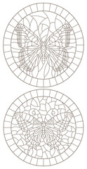 A set of illustrations in the style of stained glass with openwork butterflies, dark contours on a white background