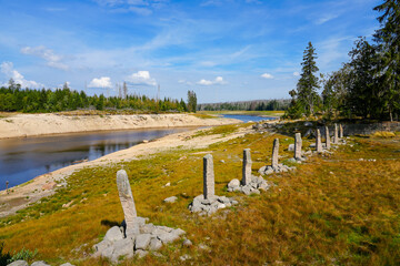 Oderteich dam in the Harz mountains, near Braunlage. Landscape at the lake with Granitsteelen in Lower Saxony with the surrounding nature.
