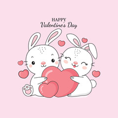 Cute couple rabbit  holding a big heart. Cartoon character design for Valentine's Day.