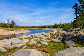 Oderteich dam in the Harz mountains, near Braunlage. Landscape at the lake in Lower Saxony with the surrounding nature.
