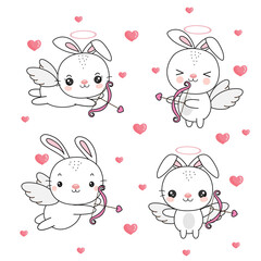 Flying bunnny cupid with bow and arrow. Vector illustration