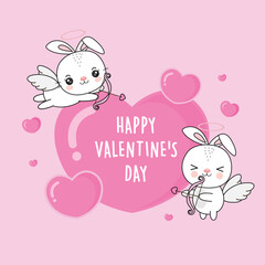 Cute couple bunny cupid  shot heart for Valentine day.