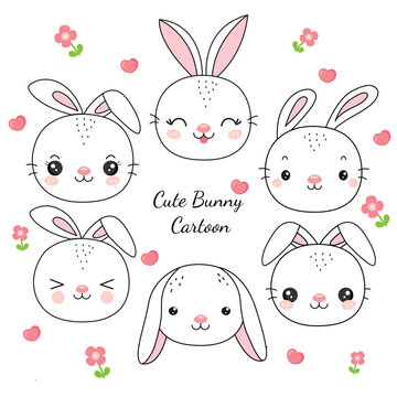 Set of cartoon bunnies with various emotions.