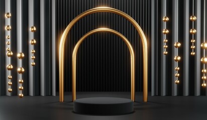 3D rendering of backdrop black podium background show room for black friday products on podium