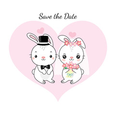 Obraz na płótnie Canvas Save the date card with rabbit bride and groom cartoon flat vector illustration.