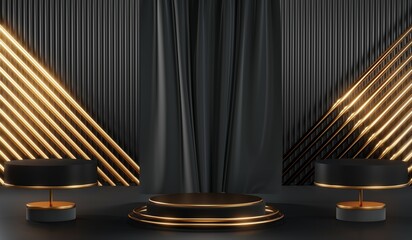 3D rendering of backdrop black podium background show room for black friday products on podium