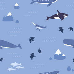 Seamless underwater pattern. Sea and ocean fishes, animals on endless background. Kids repeating under water print. Undersea marine texture design for fabric. Colored flat graphic vector illustration