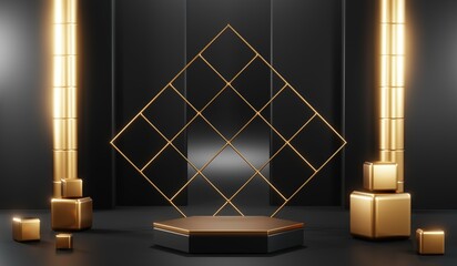 3D rendering of backdrop black podium background show room for black friday products on podium