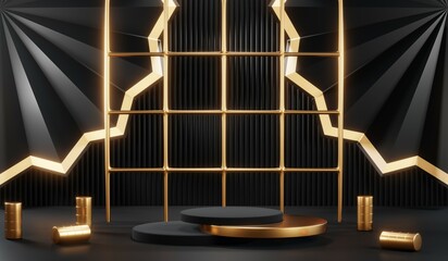 3D rendering of backdrop black podium background show room for black friday products on podium