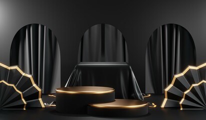 Fototapeta na wymiar 3D rendering of backdrop black podium background show room for black friday products on podium
