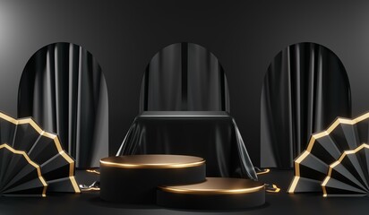 3D rendering of backdrop black podium background show room for black friday products on podium