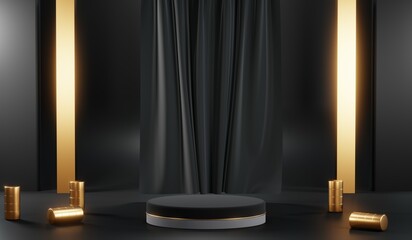 3D rendering of backdrop black podium background show room for black friday products on podium