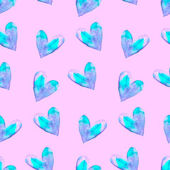 Seamless pattern with watercolor hearts. Romantic love hand drawn backgrounds texture. For greeting cards, wrapping paper, wedding, birthday, fabric, textile, Valentines Day, mothers Day, easter