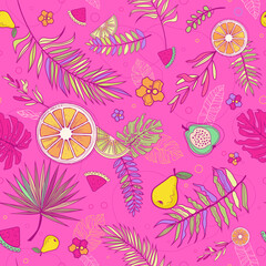 Seamless tropical background pattern nature summer leaves lemonade pear watermelon yellow pink green