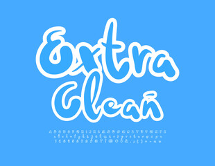 Vector marketing sign Extra Clean. Handwritten White and Light Blue Font. Artistic set of Alphabet Letters, Numbers and Symbols