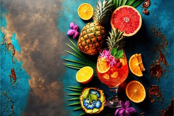 Fototapeta na wymiar a pineapple, grapefruit, and oranges are arranged on a blue background with a blue background and a gold border around them is a pineapple, a purple flower, a.