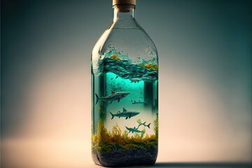  a bottle with a fish inside of it and a lot of water inside of it with a lot of fish inside of it and a lot of water inside of water inside it, and a lot of fish.