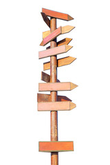 Old wooden direction sign. Isolated on white background. Space for text. Vertical.