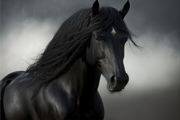  a black horse with long hair standing in a field of grass and clouds in the background, with a dark sky in the background, with a few clouds, and a few, with a few.