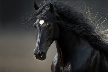  a black horse with long hair is shown in this artistic painting of a horse with long manes and a white spot on its forehead, with a black background of light, with a.