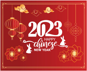 Fototapeta na wymiar Happy Chinese new year 2023 year of the rabbit Gold And White Abstract Design Illustration Vector With Red Background
