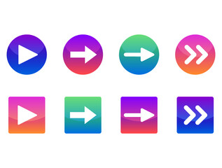 立体的な円形矢印ボタンアイコン　カラフルグラデーション　Gradient circular and square button arrow icon