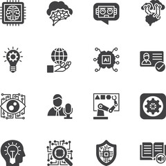 AI Artificial Intelligence technology and Machine Learning Icons, Vector Solid icons set.