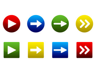 立体的な円形矢印ボタンアイコン　青　赤　黄色　緑　Circular and square button arrow icons