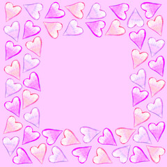 Fototapeta na wymiar Backgrounds, frames of watercolor hearts. Hand drawn. Love romance theme for birthday, Valentine's day, greeting card, wedding, print