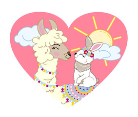 heart shaped valentine card with alpaca and rabbit on sunrise and sunset background