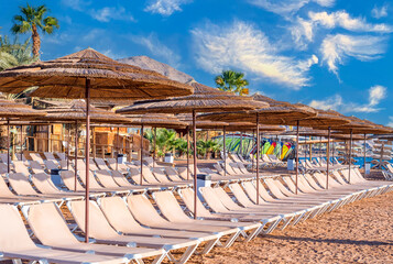Beach deckchairs chairs and sunshades or umbrellas near a shore of the Red Sea, Sinai, Middle East