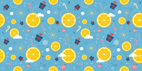 Seamless background for wrapping paper or christmas fabric with lollipops lemon gifts notes firework