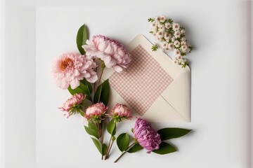  a bouquet of flowers and a envelope on a white surface with a checkered paper on top of it and a pink checkered envelope with flowers on top of the envelope is laying on.