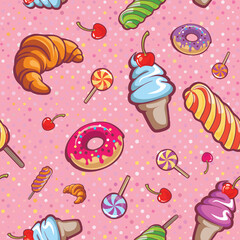 Seamless girly pattern with ice cream croissants lollipops donuts and cherries