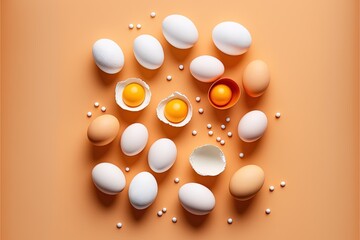 Obraz na płótnie Canvas a group of eggs and eggshells on a light orange background with white dots around them and a half of an egg in the middle of the egg shell, with a third egg in the middle.