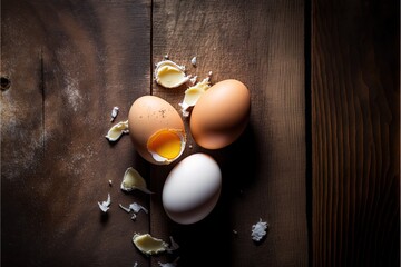  three eggs are broken and laying on a wooden surface with one egg broken and another broken in half and one egg broken in half with one egg in the middle and one egg on the.