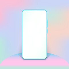 3d smartphone with empty screen for mockup mobile concept. Showcase cellphone frame display Minimal scene with device phone. Mobile on pedestal pastel neon holographic background. Vector illustration