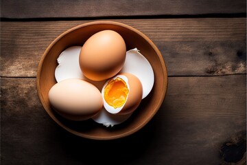  a bowl of eggs on a wooden table with one broken egg in the middle of the bowl and the other half of the egg in the bowl with an egg shell on the side of the.