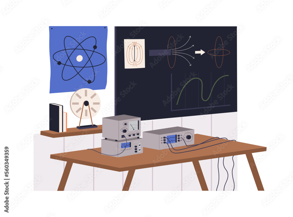 Poster physics class, classroom with blackboard, desk. study room for science subject with graphs, drawings