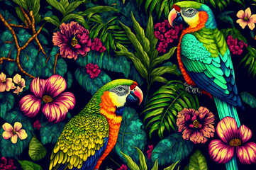 Obraz premium colorful parrots and exotic flowers. Created with Generative AI technology.