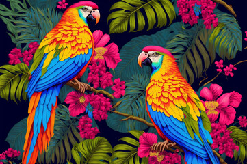tropical tree pattern with tropical plants and parrots. Flowers of hibiscus, blooming ginger, strelitzia and Orchid, protea, palm leaves. Created with Generative AI technology.