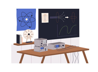 Physics class, classroom with blackboard, desk. Study room for science subject with graphs, drawings on chalkboard, electric equipment, cables. Flat vector illustration isolated on white background