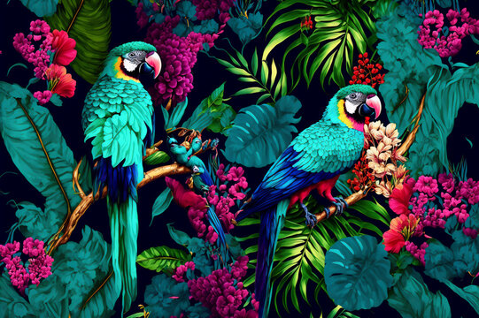 colorful parrots and exotic flowers. Created with Generative AI technology.