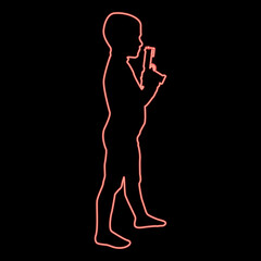 Neon boy holds toy gun Child playing with pistol game Childhood Shooting weapon concept Preschool Cute little male playing criminal red color vector illustration image flat style