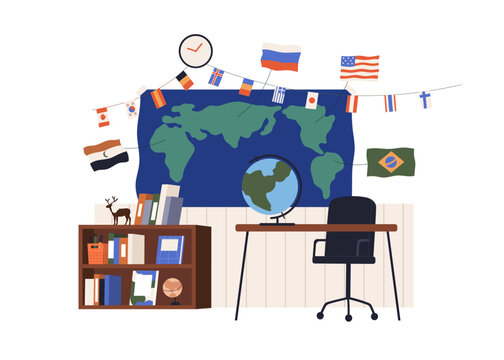 Geography classroom with world map, country flags, globe. Empty school class room interior with geographic study stuff, books, desk, table. Flat vector illustration isolated on white background