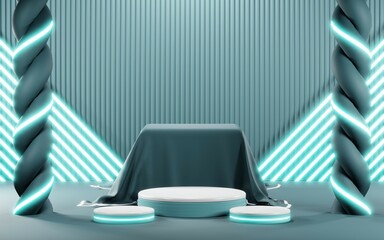 3D render of pastel template soft blue minimal podium room background for show products. Mockup background for cream cosmetics