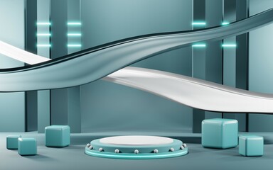 Obraz premium 3D render of pastel template soft blue minimal podium room background for show products. Mockup background for cream cosmetics