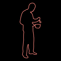 Neon man with saucepan spoon in his hands preparing food Male cooking use sauciers red color vector illustration image flat style